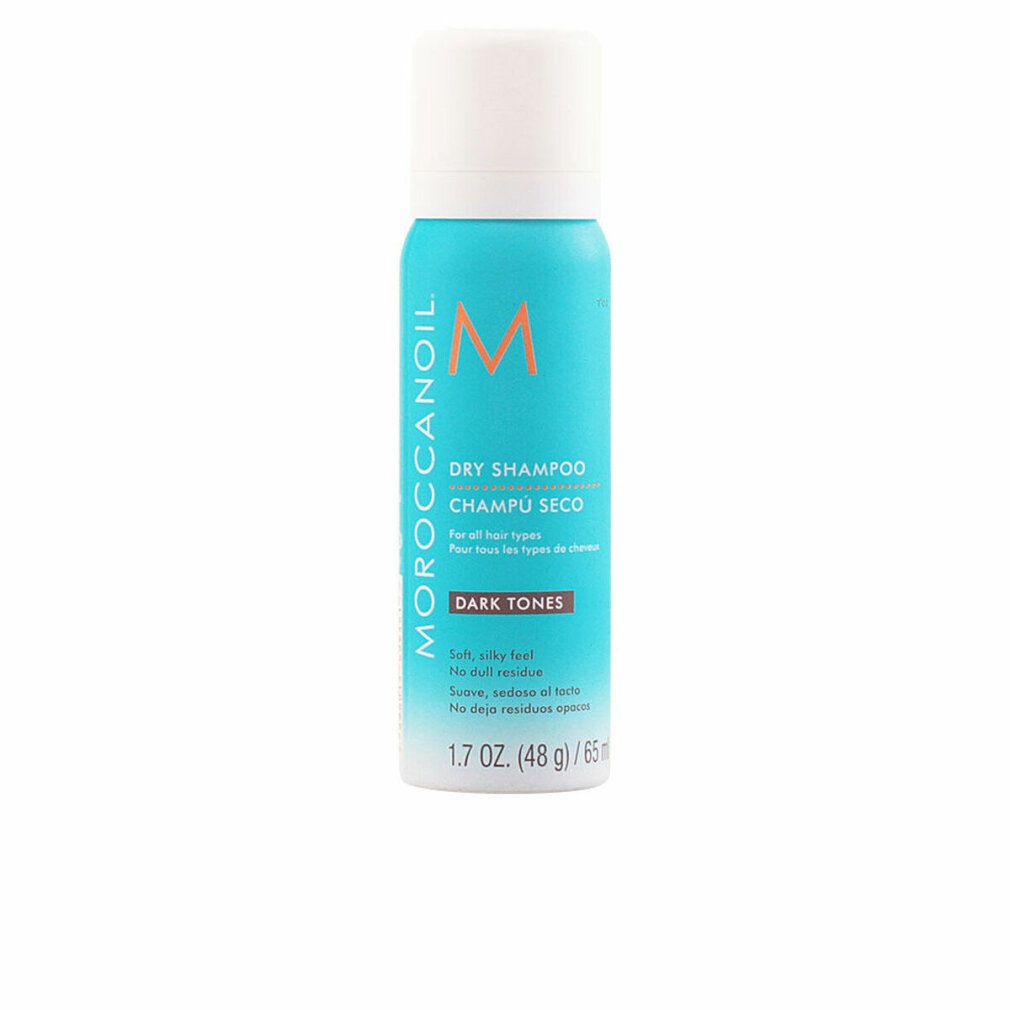 Flacone spray turchese con tappo bianco. Scritta: Dry Shampoo, Dark Tones. Marca: Moroccanoil. Volume: 1.7 oz (48 g) / 65 ml.
