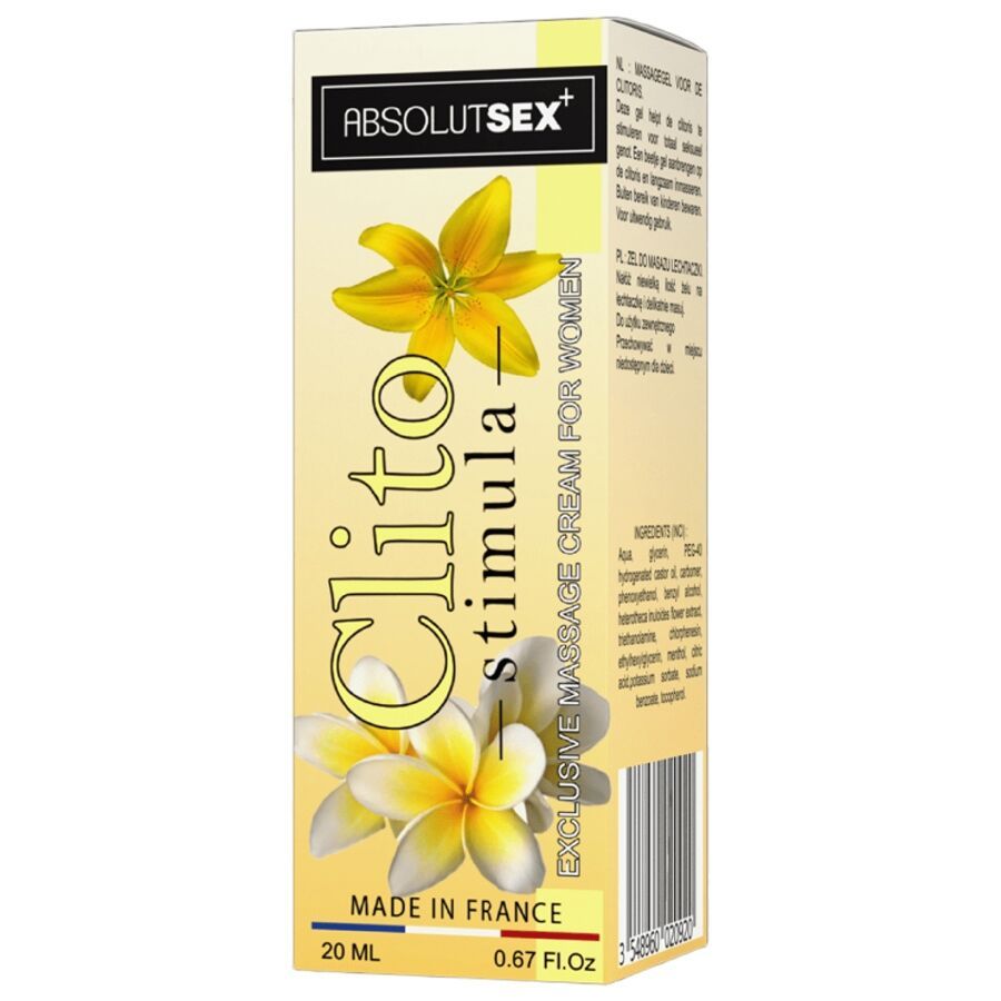 Confezione dal design giallo. Scritta: Clito-Stimula, ABSOLUTSEX. Volume: 20 ml / 0,67 Fl.Oz. Prodotto in Francia.