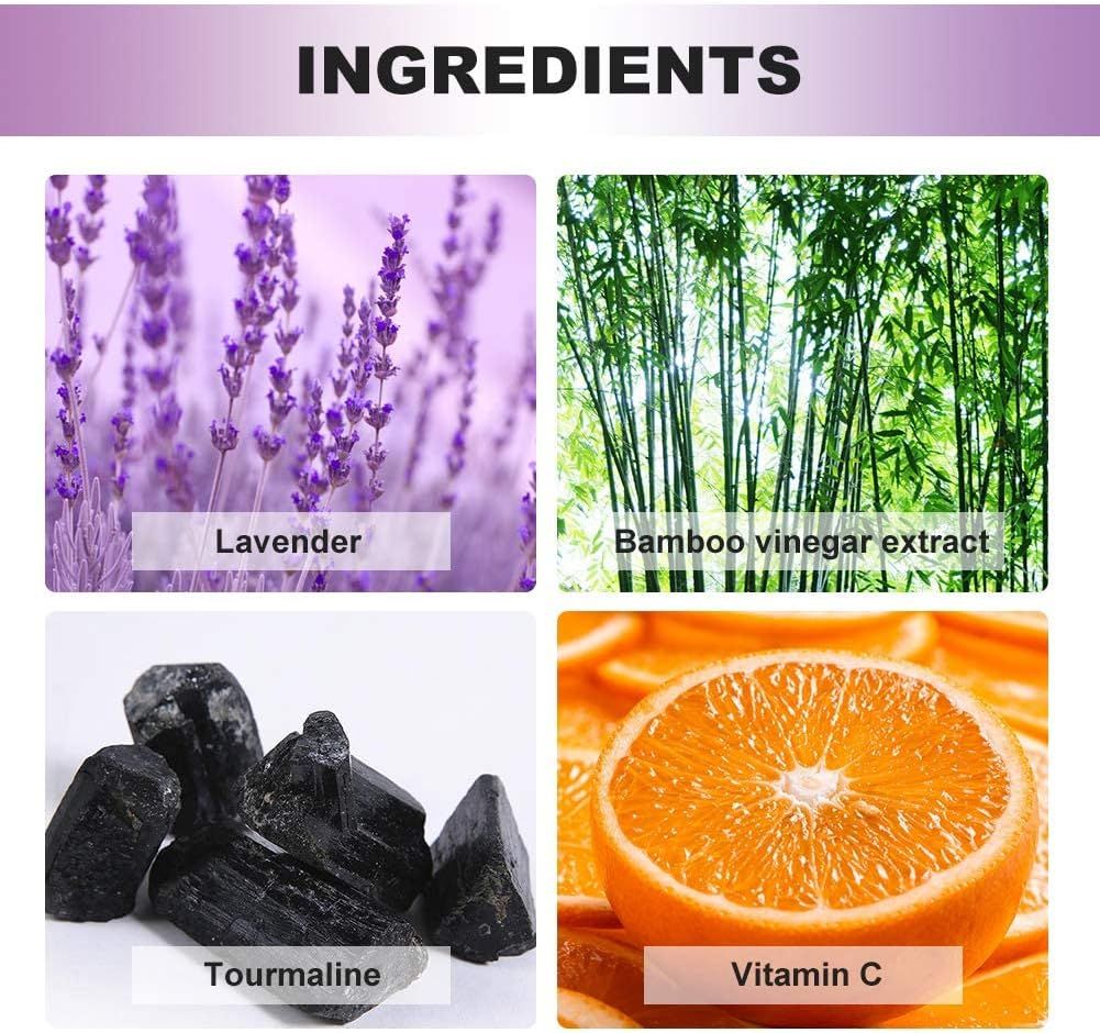 Immagini degli ingredienti: lavanda, estratto di aceto di bambù, tormalina, vitamina C.