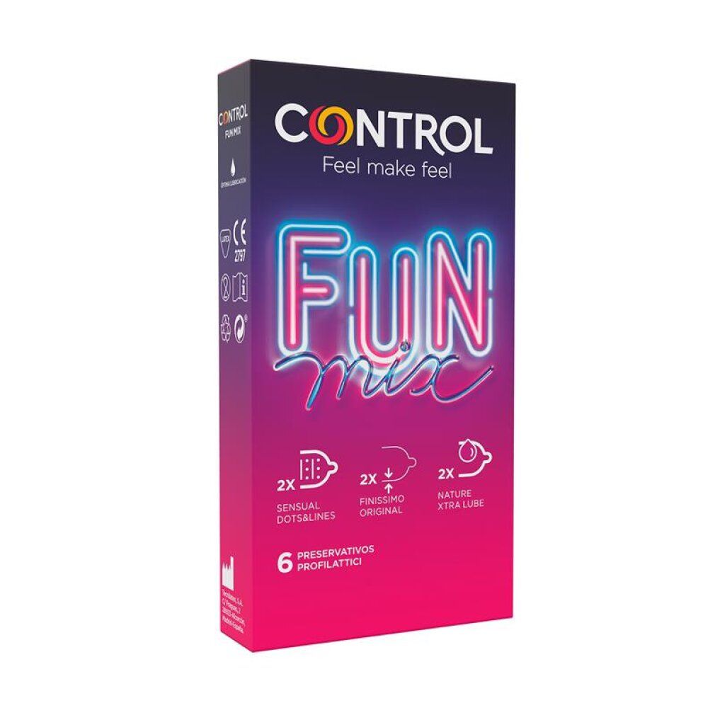Confezione di preservativi Control Fun Mix, 6 pezzi. Include 2x Sensual Dots&Lines, 2x Finissimo Original, 2x Nature Xtra Lube.