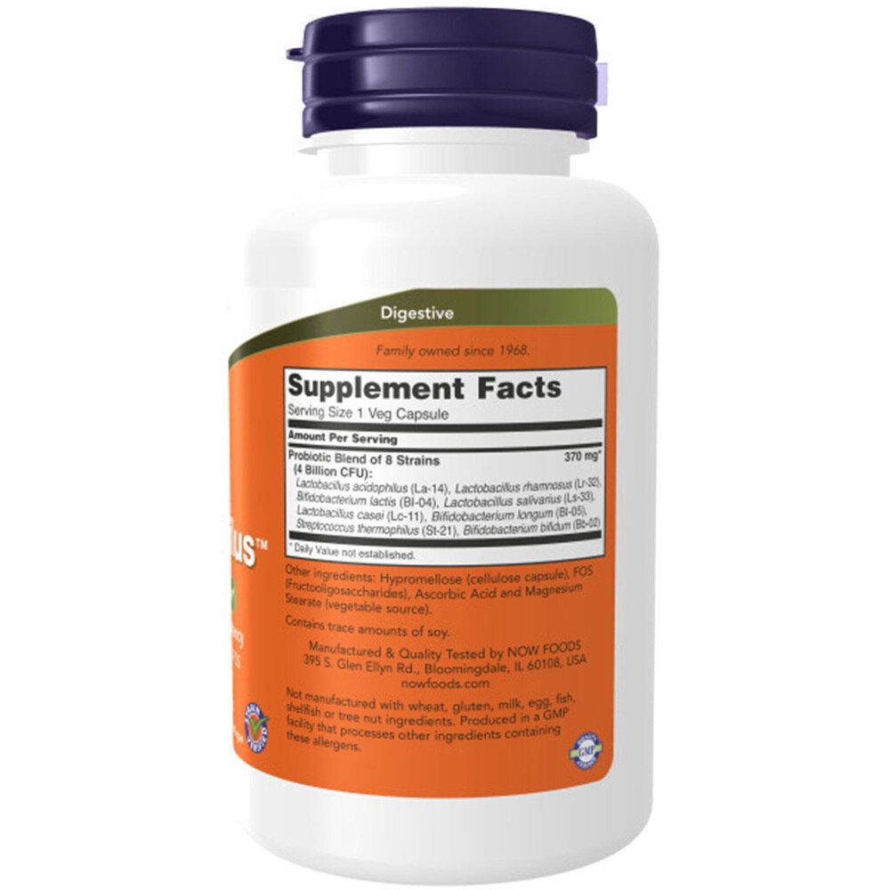 Flacone bianco con tappo blu. Etichetta arancione con testo: Supplement Facts, 8 ceppi, 4 miliardi di potenza. NOW Foods, Gr8-Dophilus.