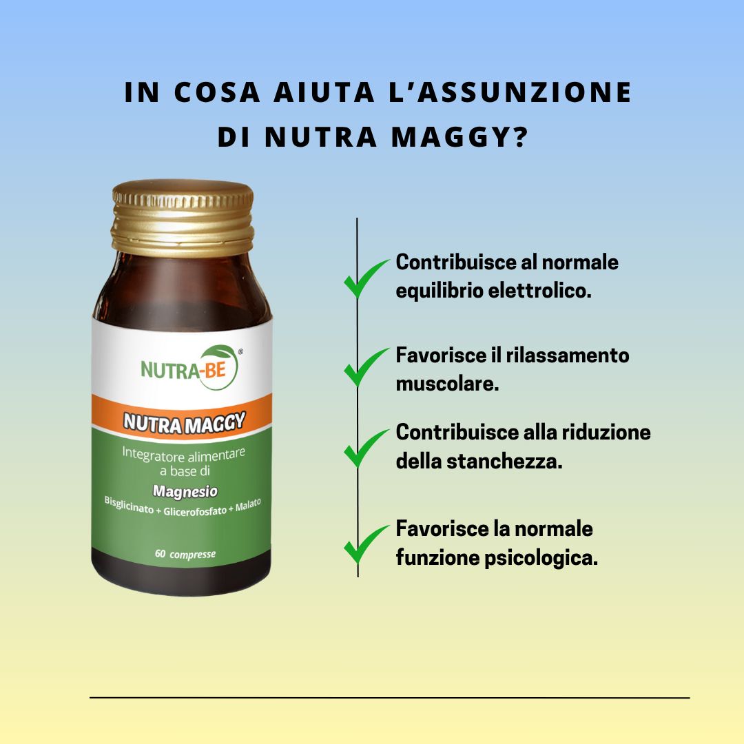 Flacone di vetro marrone con tappo dorato. Etichetta con informazioni sul prodotto. Testo: Nutra Maggy, Magnesio.