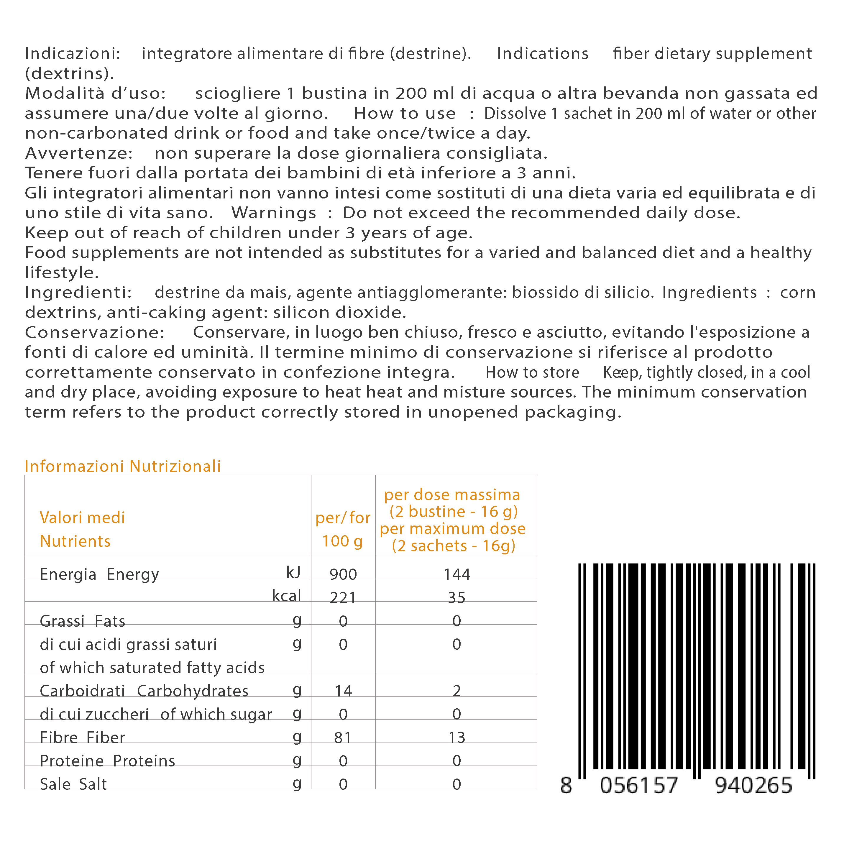 Retro confezione Tocas FibraMet. Testo in italiano e inglese. Tabella nutrizionale.