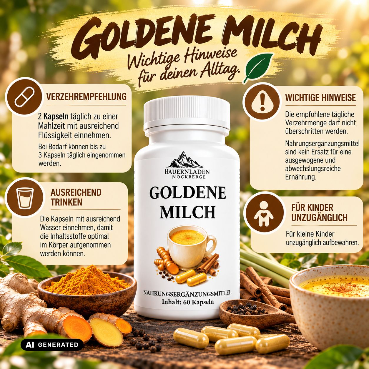 Flacone di capsule Golden Milk da 60 capsule, con ingredienti come curcuma e zenzero.