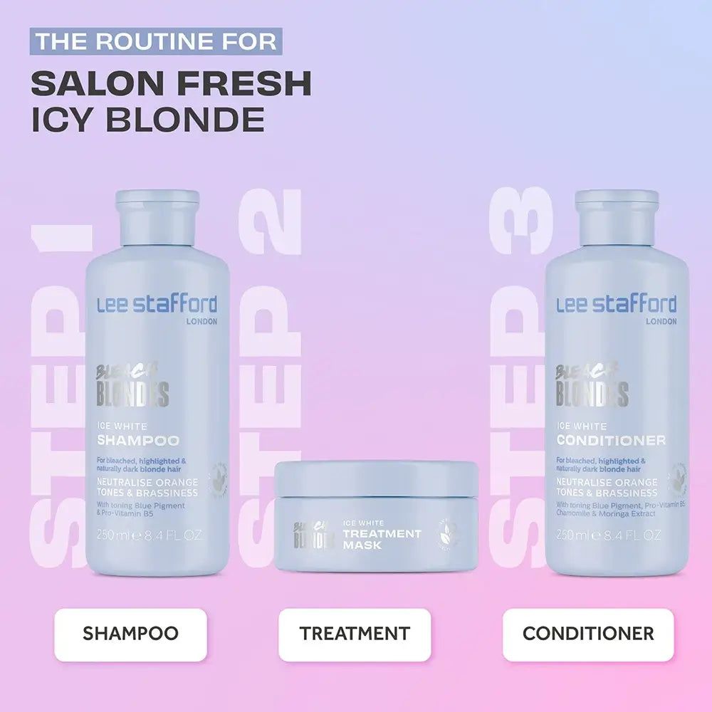 Tre prodotti Lee Stafford: shampoo, maschera e balsamo per "Salon Fresh Icy Blonde".