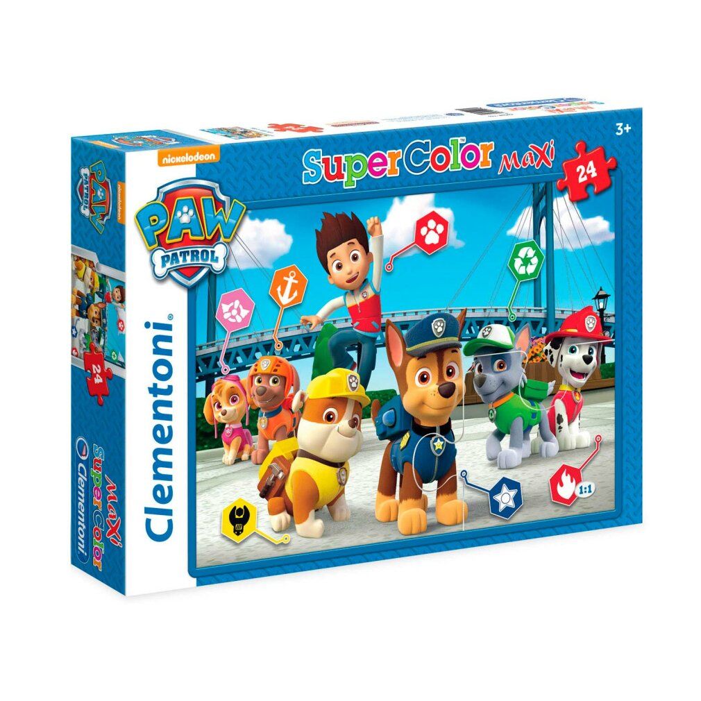 Scatola puzzle Paw Patrol. Scritta: Super Color Maxi, 24 pezzi. Marchio: Clementoni. Età consigliata: 3+.