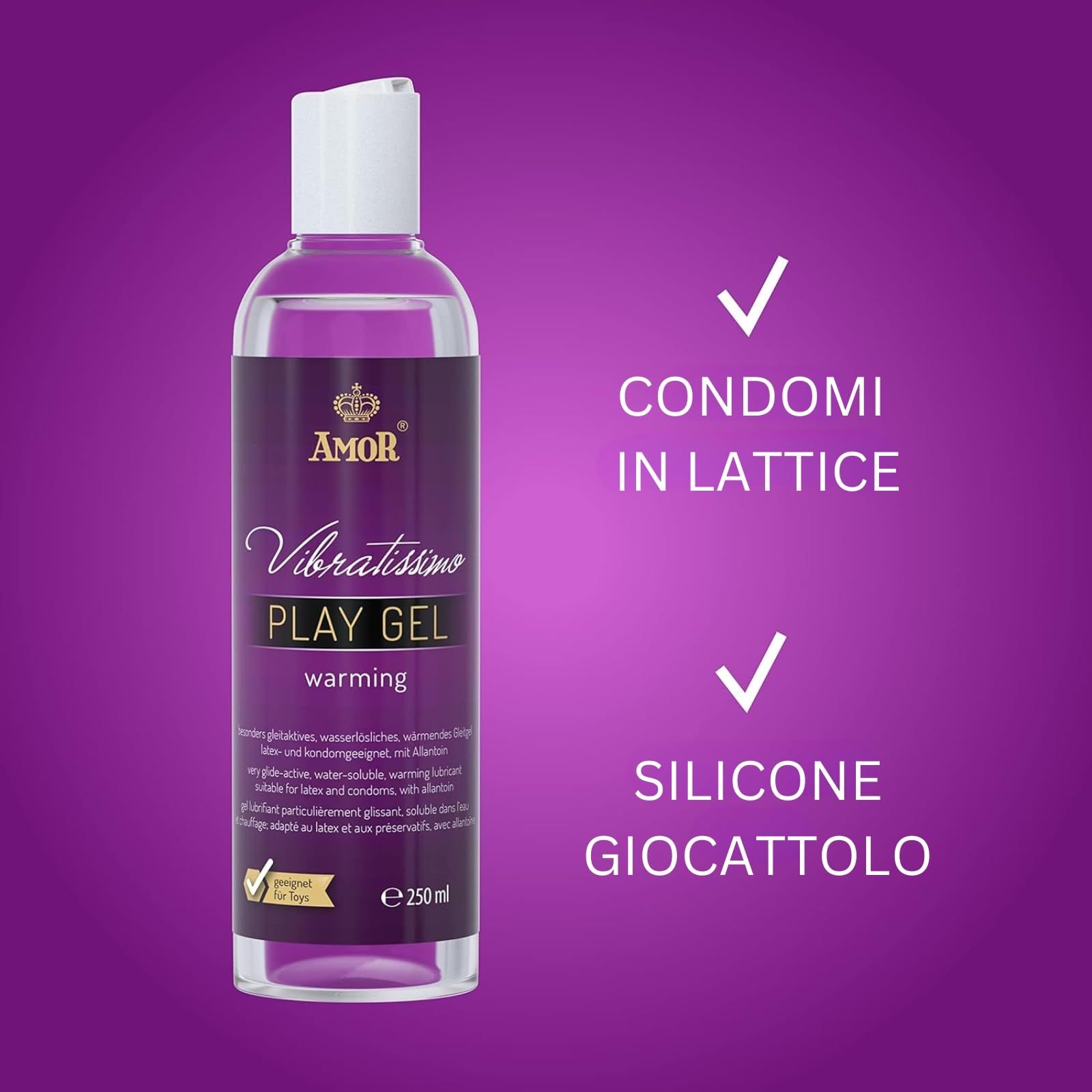 Vibratissimo Play Gel Warming: Adatto per preservativi in lattice e giocattoli in silicone.