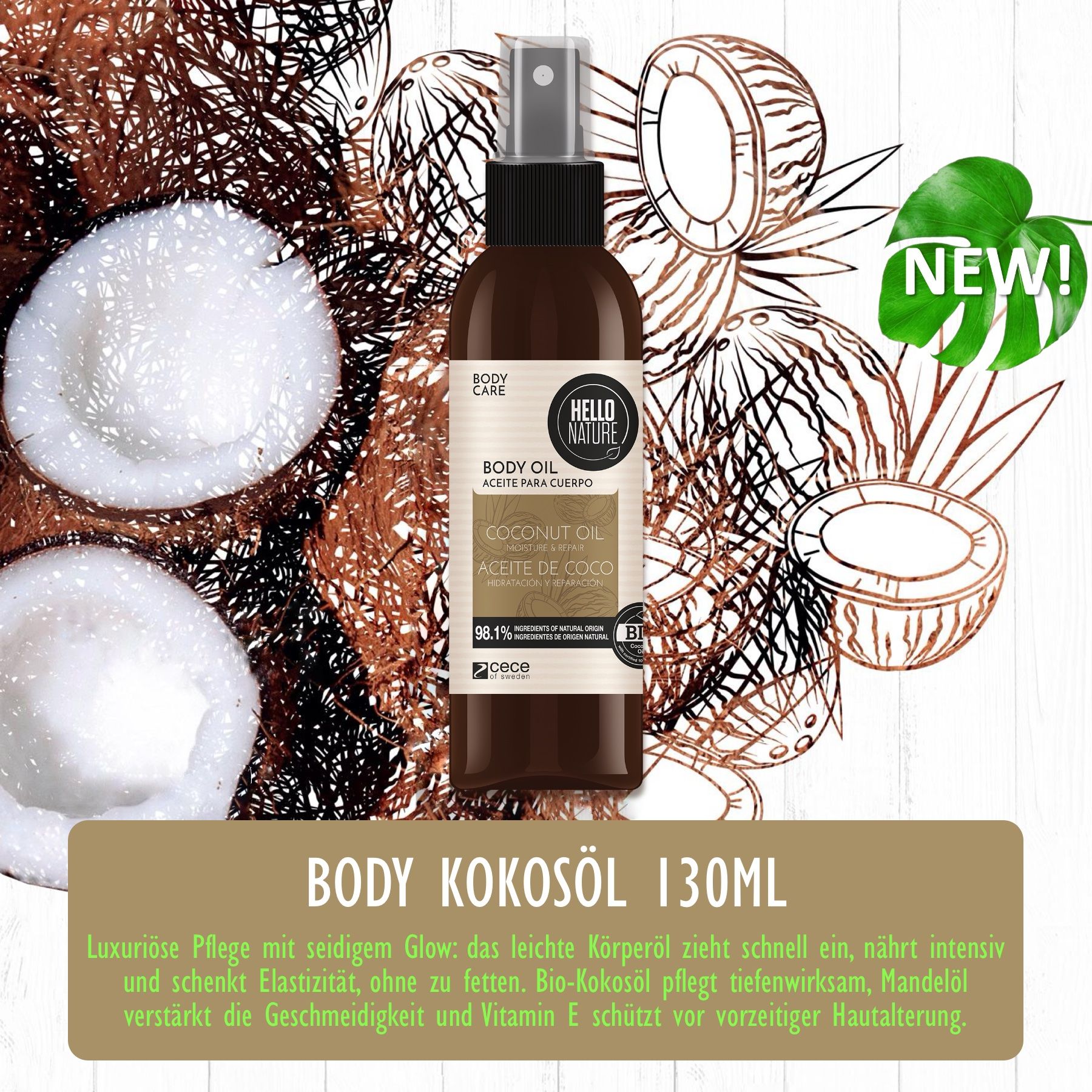 Spray per olio corpo con olio di cocco. Bottiglia marrone con vaporizzatore. Decorazione di cocco sullo sfondo. Testo: Body Kokosöl 130ml.