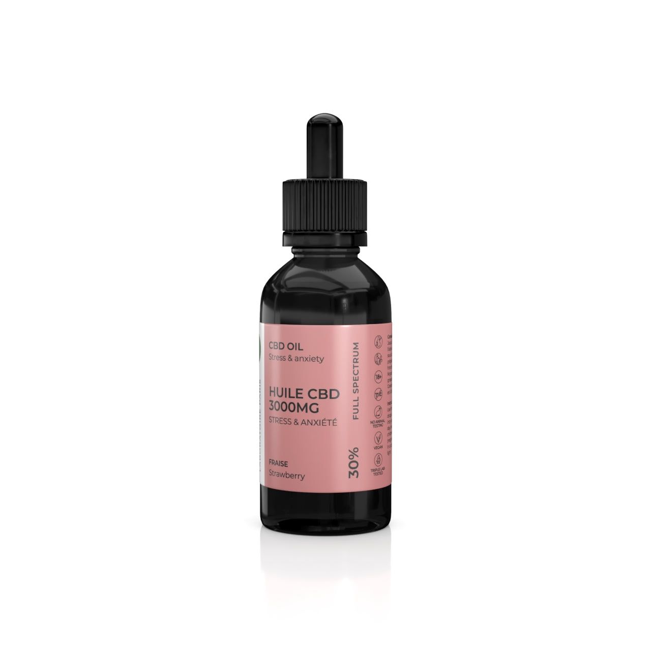 BIOGRINE CBD-ÖL 30% Fragola. Bottiglia marrone con contagocce. Scritta: HUIL CBD 3000MG, Fraise, 30%.