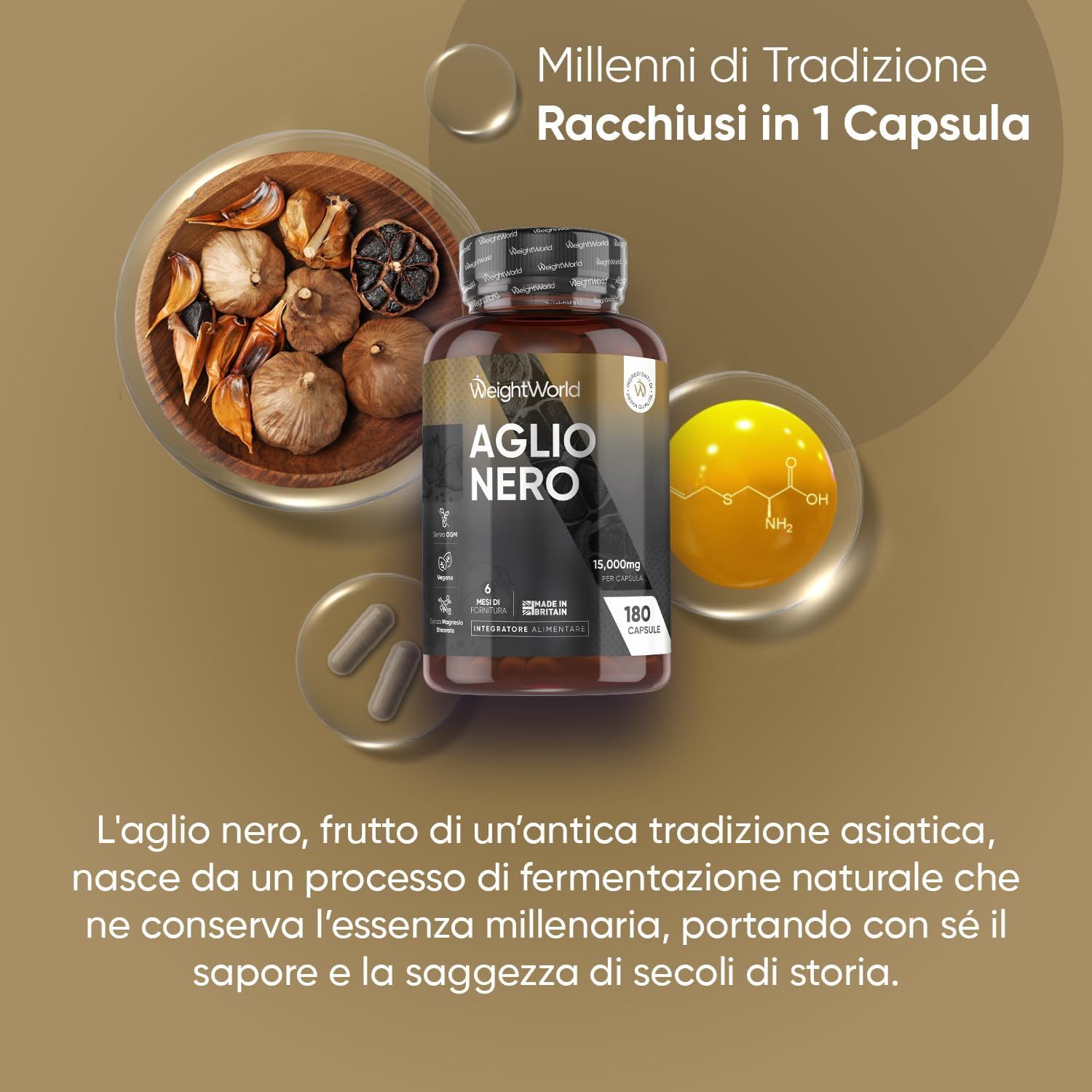 Immagine del prodotto: WeightWorld Aglio Nero. Bottiglia di capsule, aglio nero e una palla gialla.