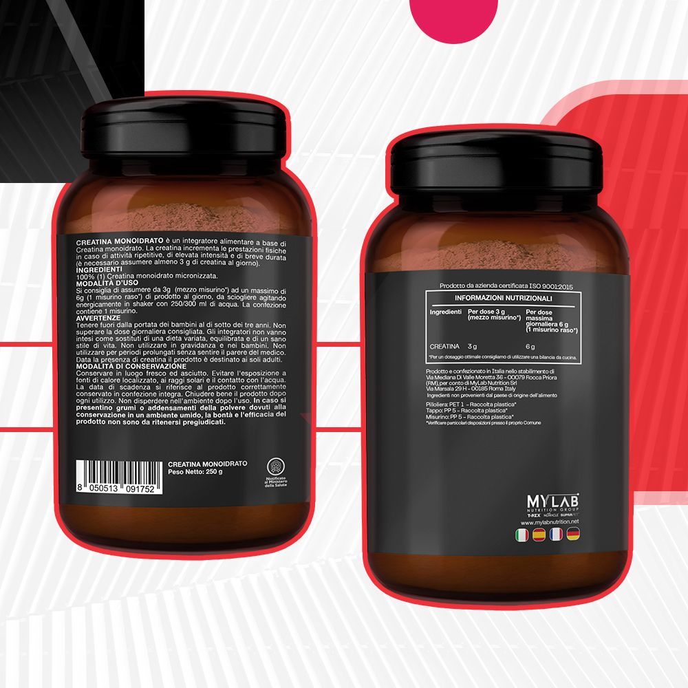Due barattoli di Creatina Monoidrato. Scritta: Creatina Monoidrato, 250g. Informazioni nutrizionali. Avvertenze. Prodotto in Italia. Logo MyLab.