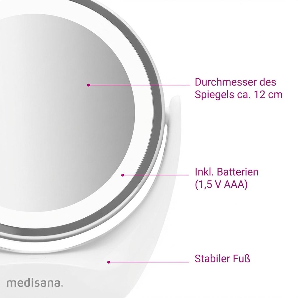 Vista dettagliata di uno specchio cosmetico con diametro specchio di circa 12 cm.