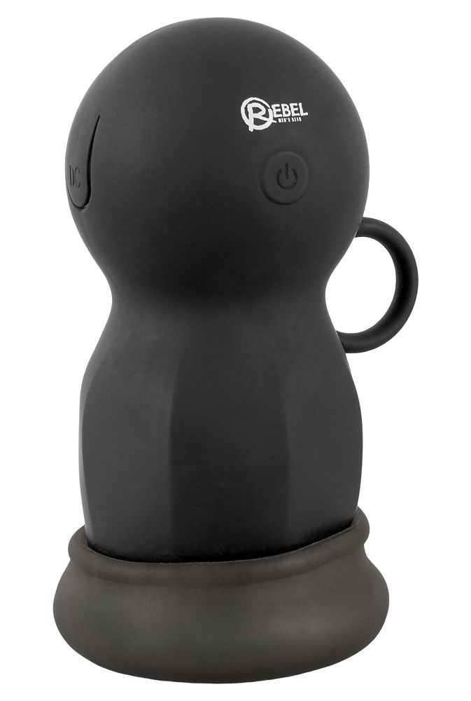 Prodotto benessere nero con testa rotonda, manico e base. Logo "Rebel Men's Gear". Connettore DC e pulsante on/off.