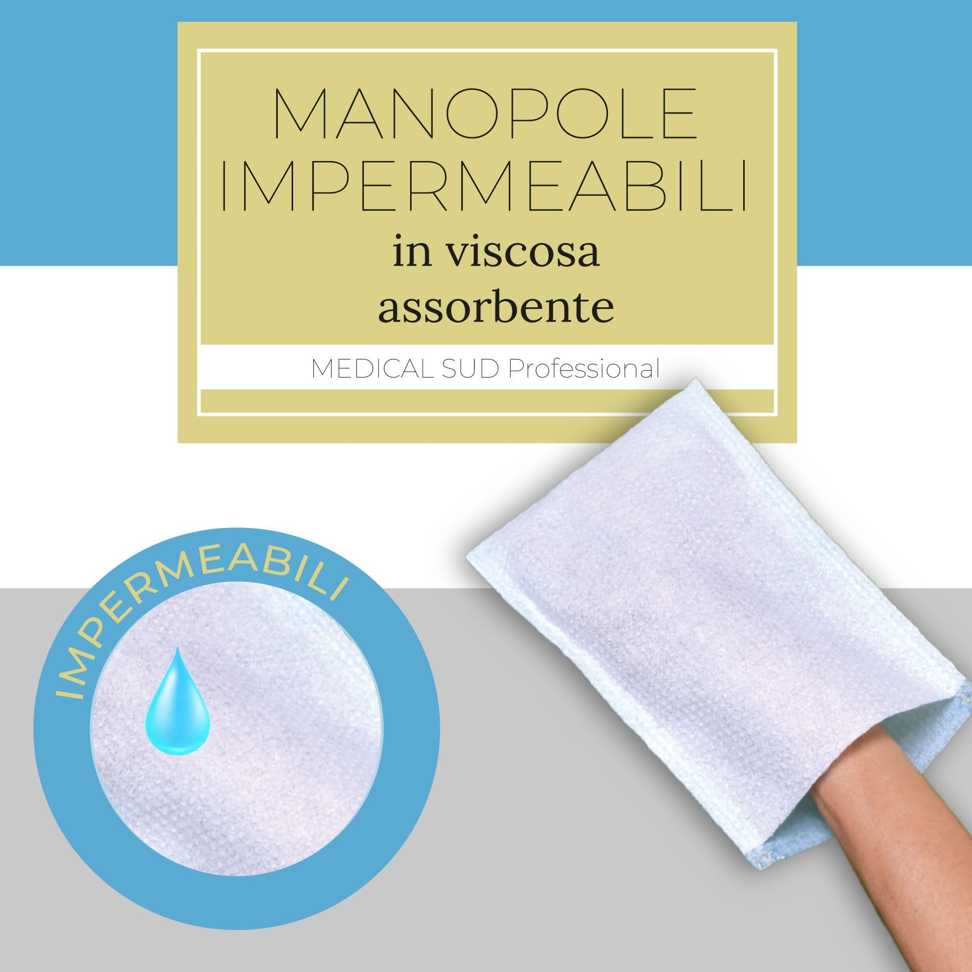 Guanto monouso impermeabile in viscosa assorbente. Logo 'MEDICAL SUD Professional'.