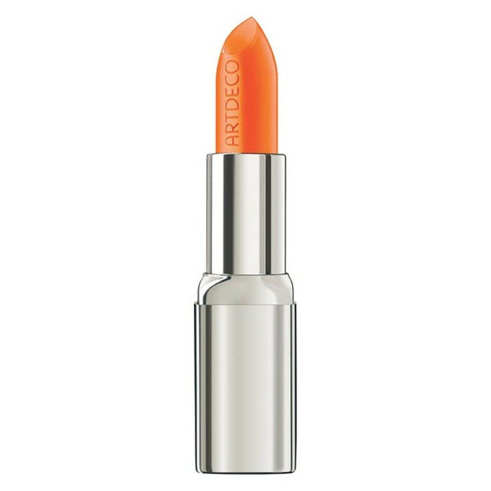 Rossetto arancione. Astuccio argentato. Scritta ARTDECO sul rossetto e sull'astuccio.