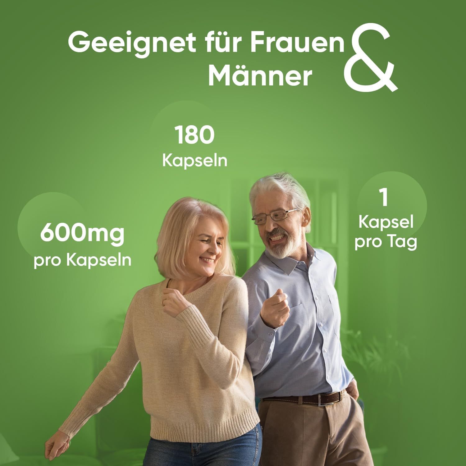 Coppia balla su sfondo verde. Scritta: Adatto a donne & uomini, 180 capsule, 600mg per capsula, 1 capsula al giorno.