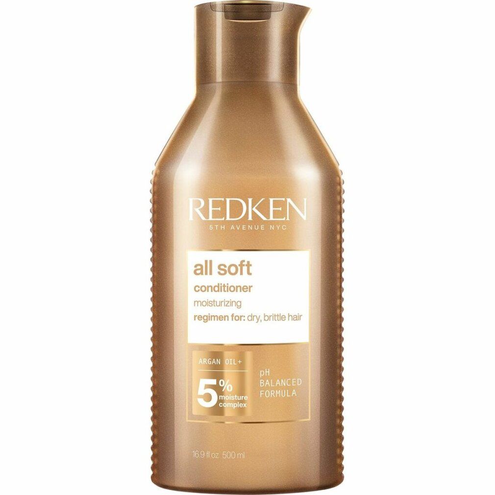 Flacone dorato di balsamo. Scritte: Redken, All Soft. Contiene olio di argan e complesso idratante al 5%. pH bilanciato. Per capelli secchi e fragili.
