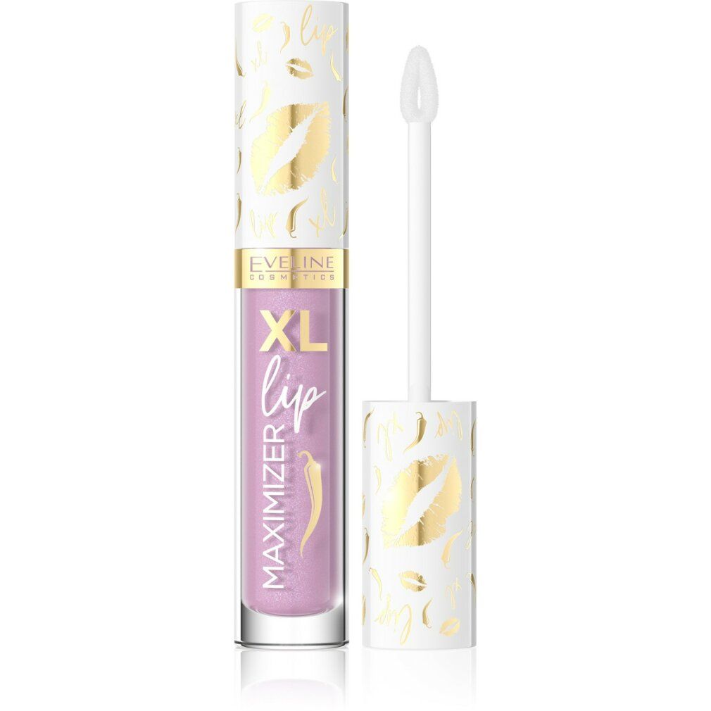 Lucidalabbra Lip Maximizer XL con tappo aperto. Tappo bianco con dettagli dorati. Contenitore trasparente con contenuto lilla. Scritta: Eveline.