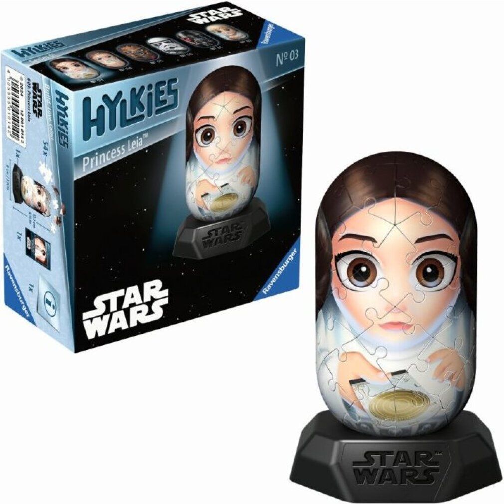 Puzzle 3D di Principessa Leia e confezione. Logo Star Wars e scritta Hylkies. Pezzi del puzzle formano il volto.