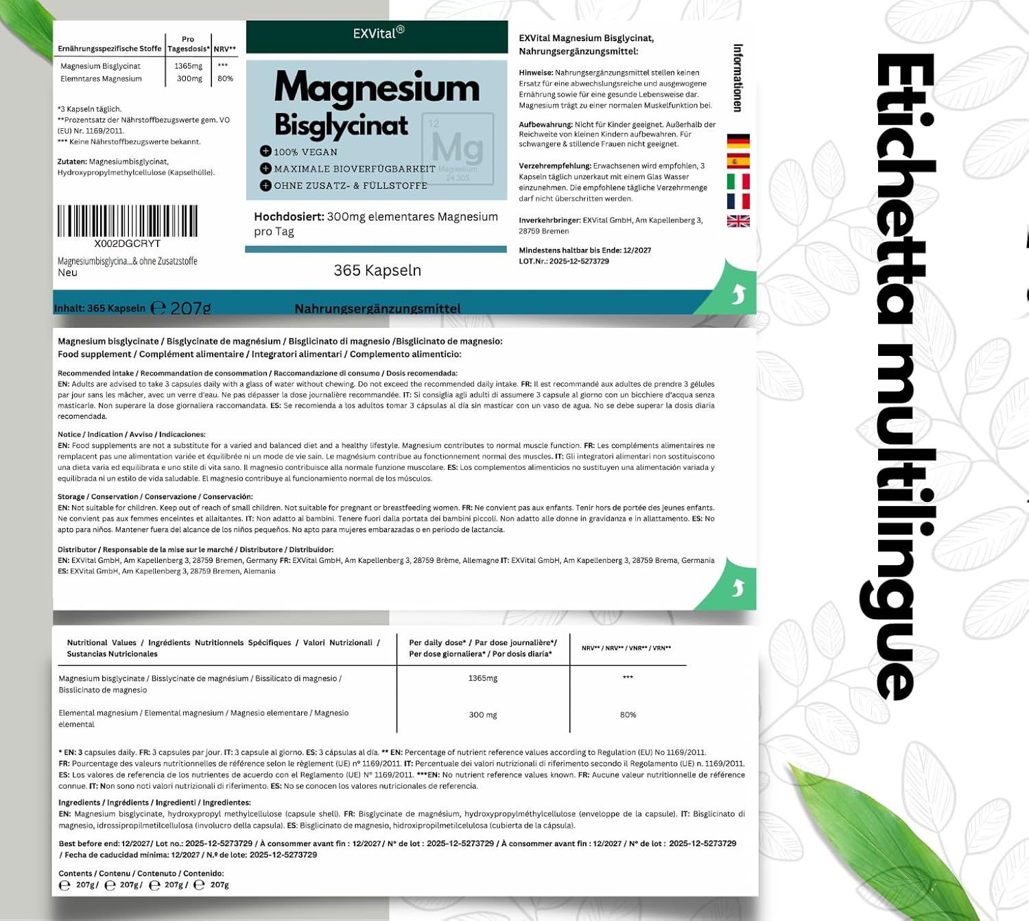 Etichetta multilingue. Testo: Magnesio Bisglicinato, 365 capsule. Informazioni nutrizionali, ingredienti, raccomandazioni.