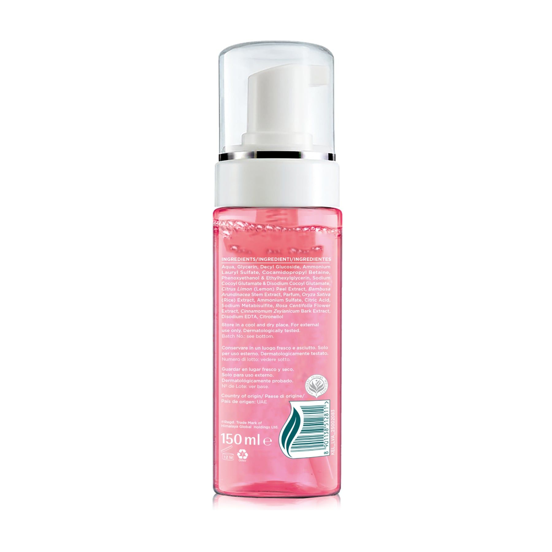Flacone con erogatore, liquido rosa, etichetta con ingredienti e indicazione 150 ml.