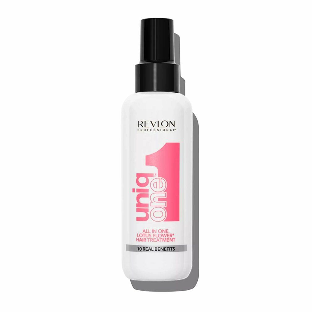 Flacone bianco con vaporizzatore nero. Stampa rosa: Uniq One, Lotus Flower Hair Treatment. Marchio: Revlon.