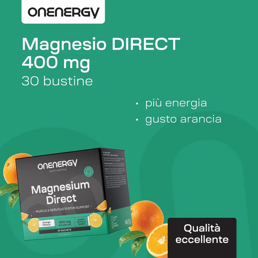 OnEnergy Magnesium Direct, 400 mg, 30 bustine. Donna nel parco. Arance ed elementi verdi.