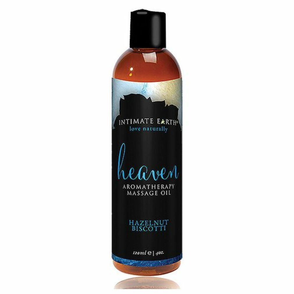 Flacone marrone con tappo nero. Etichetta con "Intimate Earth Heaven", "Aromatherapy Massage Oil" e "Hazelnut Biscotti".