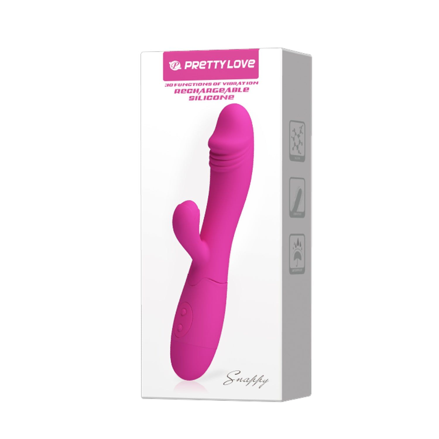 Confezione con vibratore rosa. Marchio: PRETTY LOVE. Testo: 3D-Feeling, ricaricabile, silicone. Nome prodotto: Snappy.