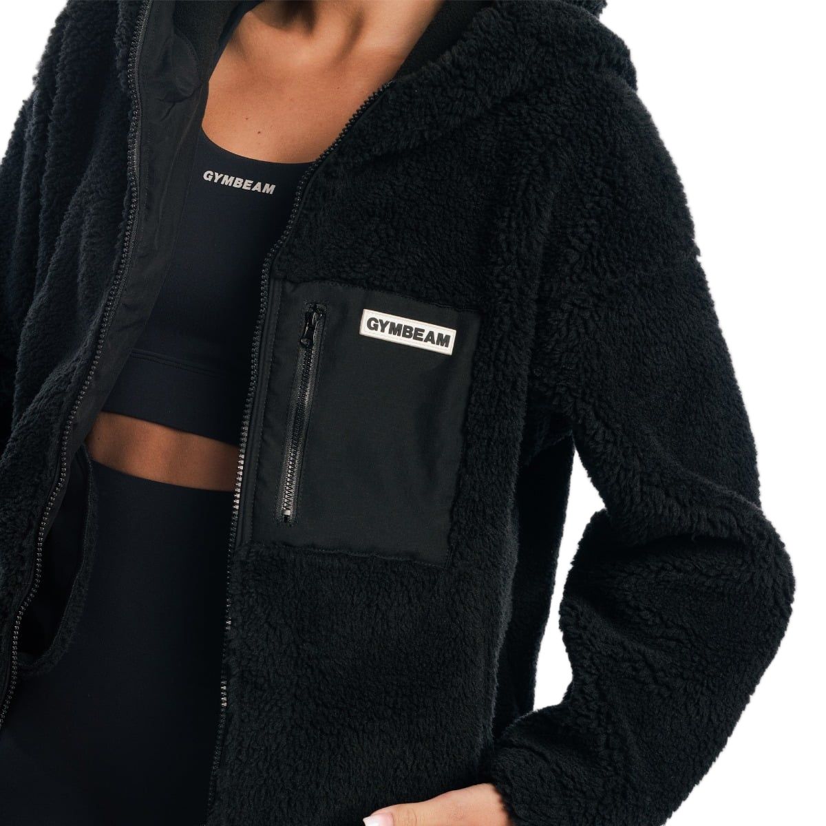 GymBeam Giacca Sherpa donna oversize con cappuccio Black