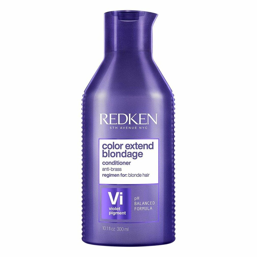 Flacone viola con etichetta. Scritta: Redken Color Extend Blondage Conditioner. Contiene 300 ml.