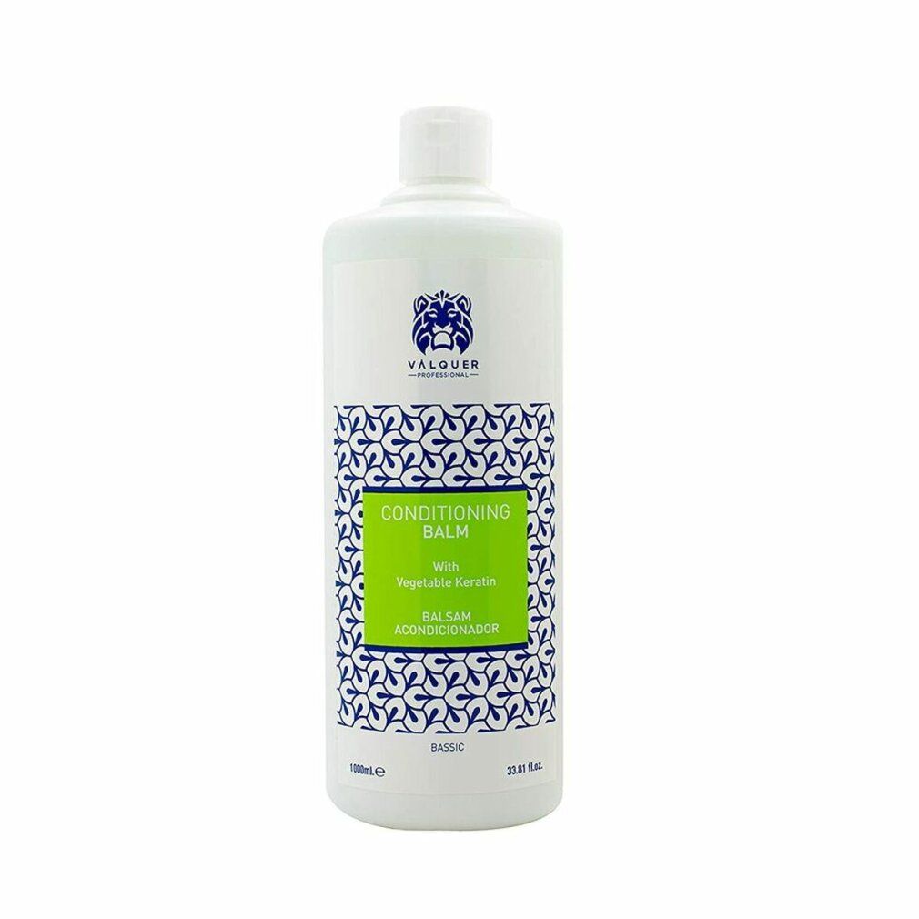 Flacone bianco con motivo blu e bianco ed etichetta verde. Scritta: Conditioning Balm, con Cheratina Vegetale, Balsamo Acondicionador.