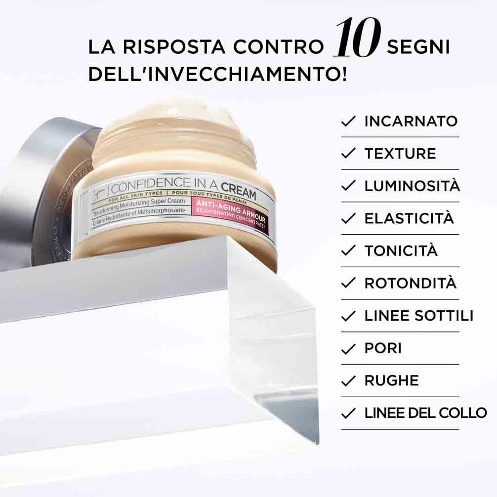 Vasetto di crema con coperchio. Testo: "Confidence in a Cream". Elenco dei benefici: incarnato, texture, luminosità, elasticità, ecc.