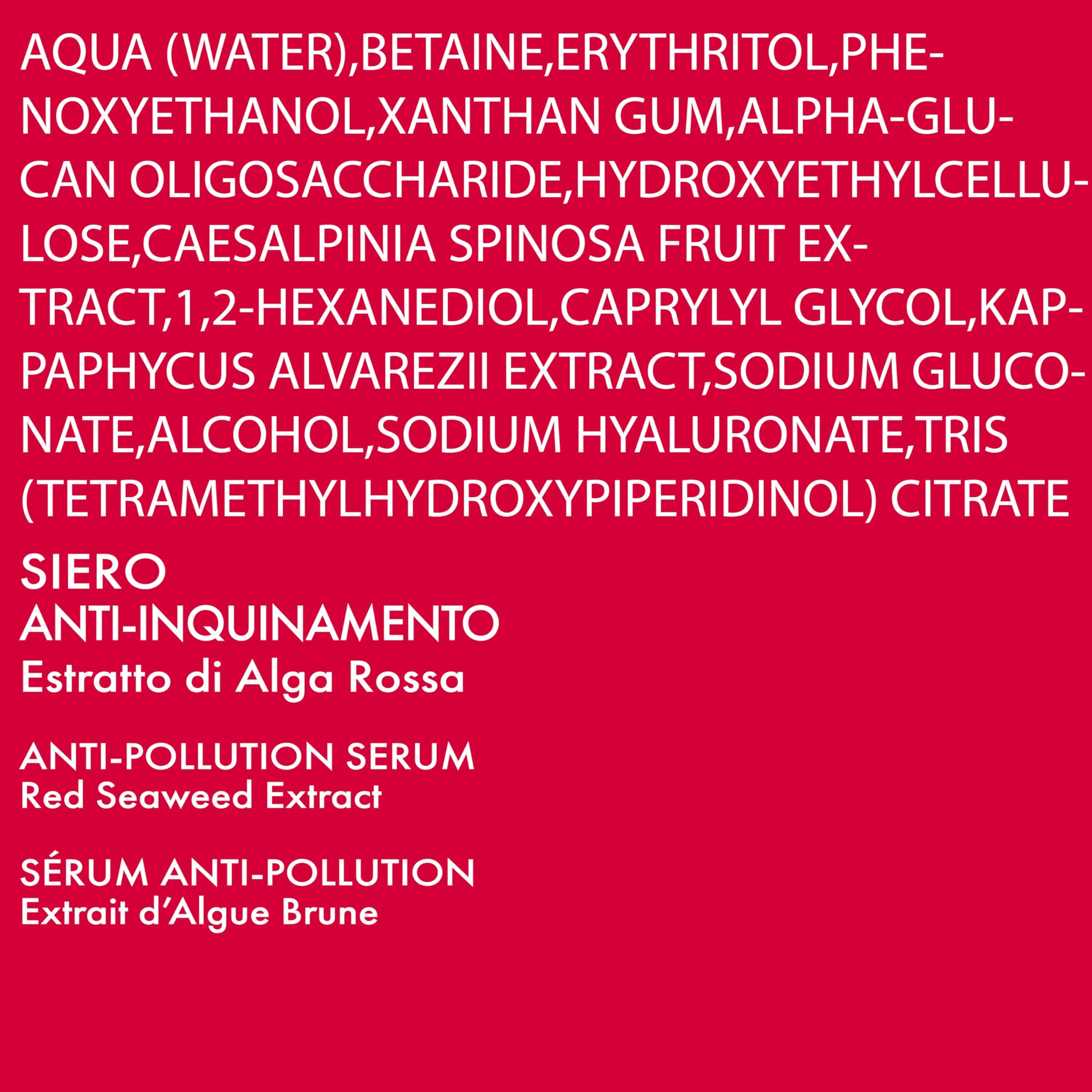 Testo su sfondo rosso. Elenco degli ingredienti e nomi dei prodotti in diverse lingue: Siero Anti-Inquinamento.