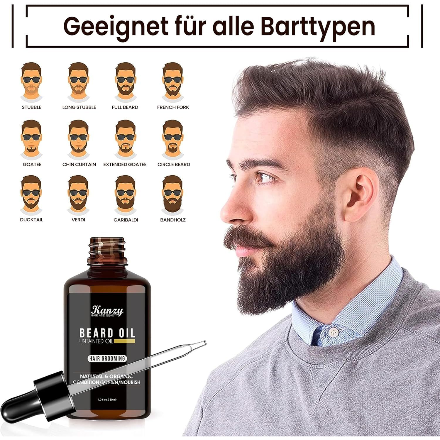 Flacone di vetro marrone con pipetta. Testo: Kanzy Beard Oil. Uomo con barba. Adatto a tutti i tipi di barba.