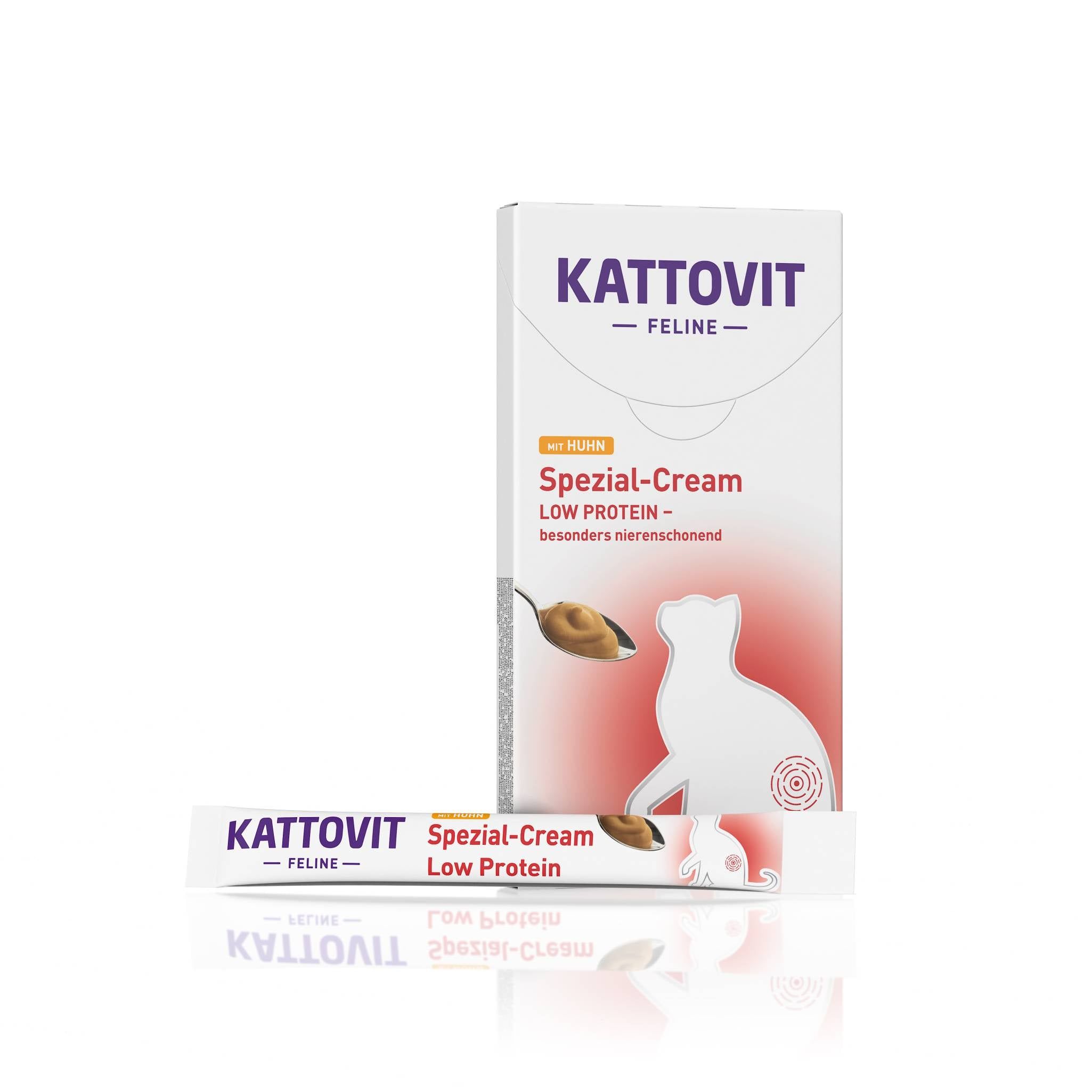Scatola e tubo KATTOVIT Feline Spezial-Cream Low Protein. Immagine di un gatto e del prodotto. Superficie riflettente.