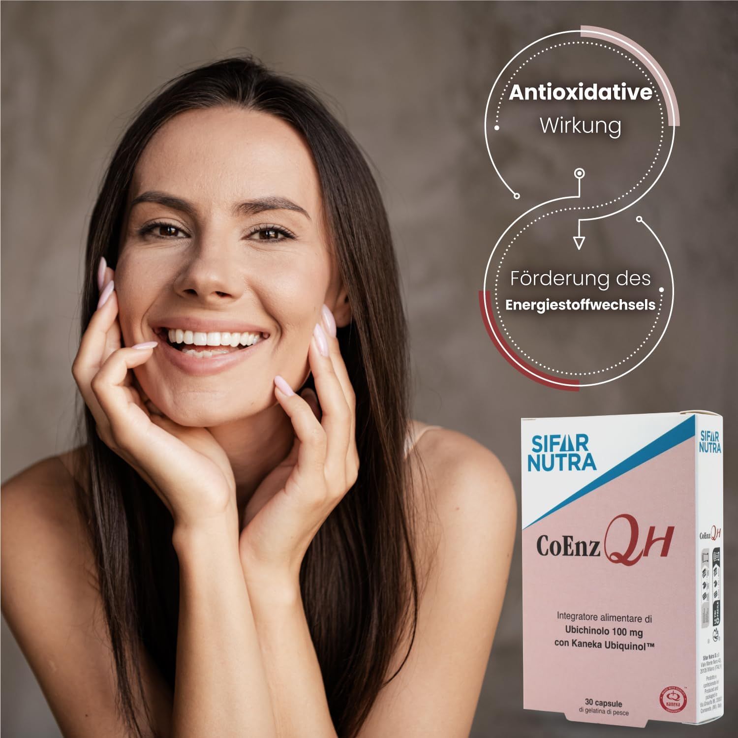 Donna sorridente. Confezione Sifar Nutra CoEnz QH. Testo: Azione antiossidante, favorisce il metabolismo energetico.