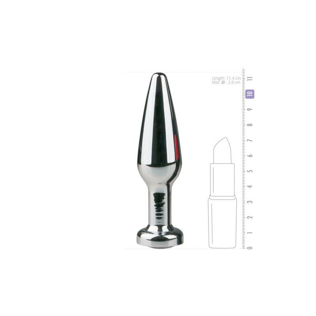 Plug anale argentato, conico. Dimensioni: 11,4 cm di lunghezza, max. Ø 2,8 cm. Confronto con rossetto.