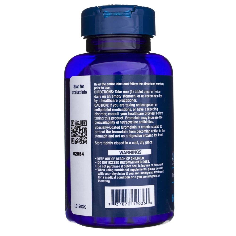 Retro di un flacone blu con istruzioni d'uso, avvertenze e codice a barre del Life Extension Bromelina.