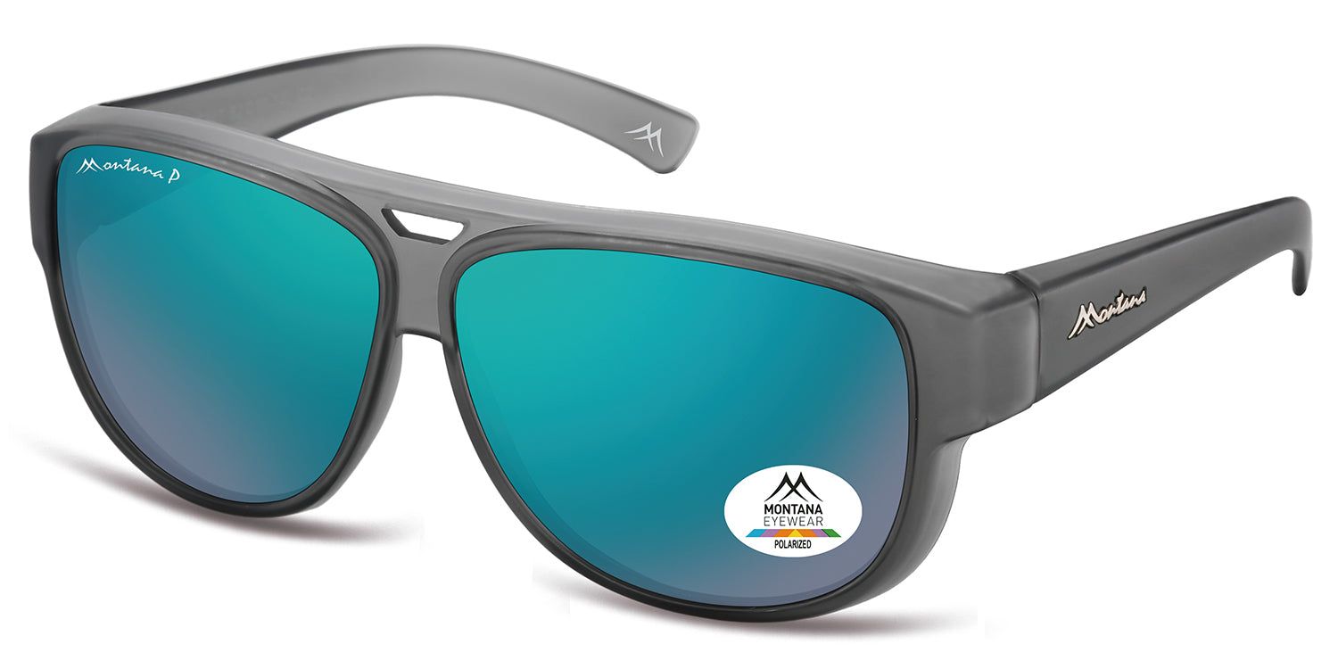 Occhiali da sole grigi con lenti blu-verdi. Logo Montana Eyewear sulla montatura e sulla lente. Lenti polarizzate.