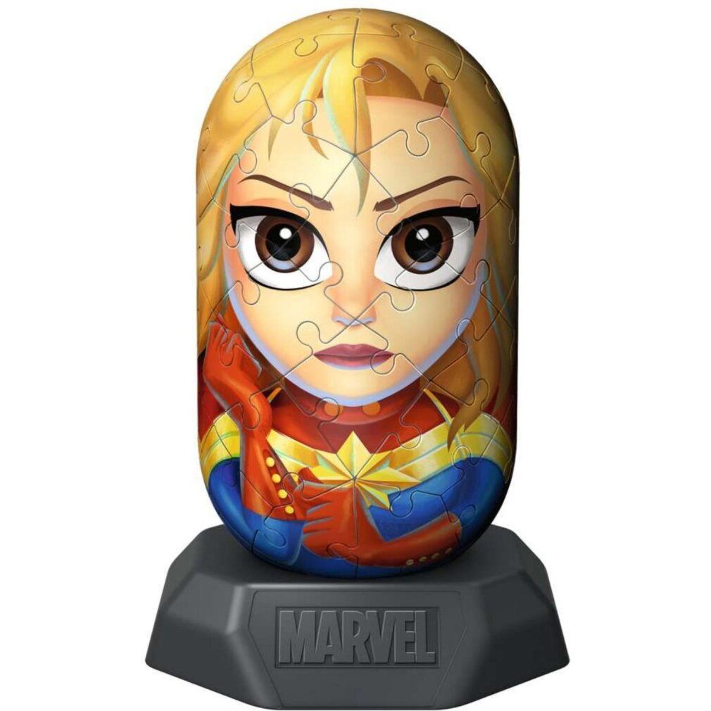 Puzzle 3D Captain Marvel Hylkies, forma ovale, su base grigia. Logo Marvel in basso. Pezzi raffiguranti Captain Marvel.