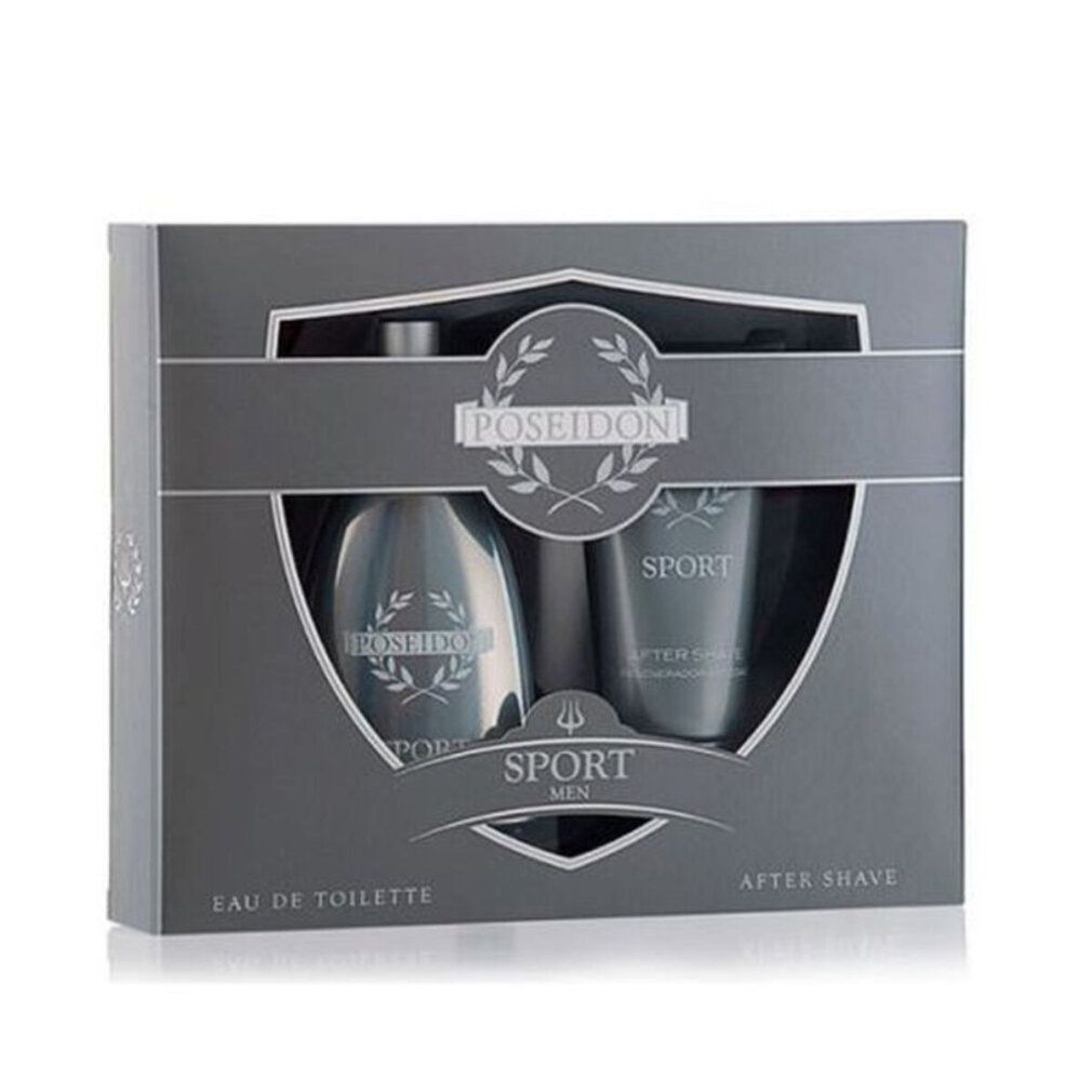 Set regalo grigio con flacone e dopobarba. Scritta: Poseidon Sport Men. Eau de Toilette e Dopobarba.