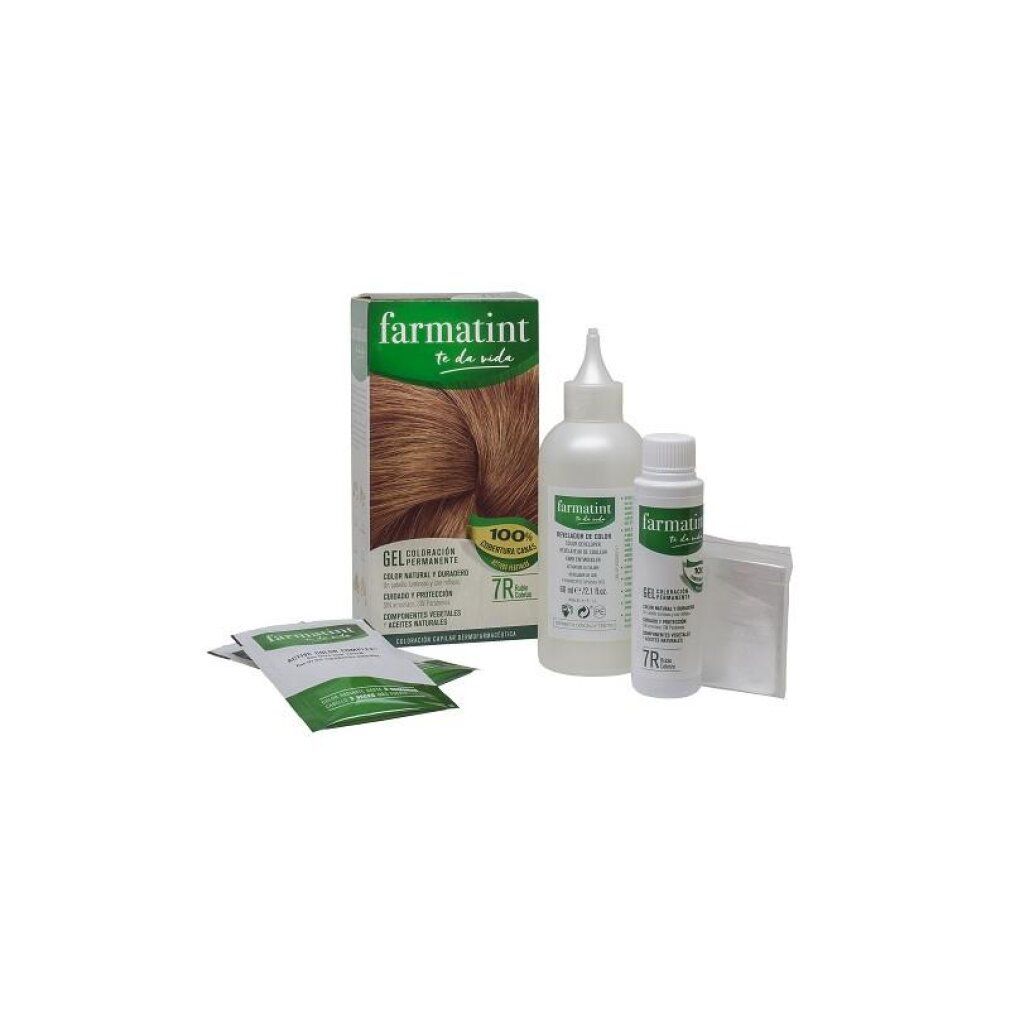 Kit tinta per capelli Farmatint con scatola, flacone applicatore, flacone sviluppatore e bustine.