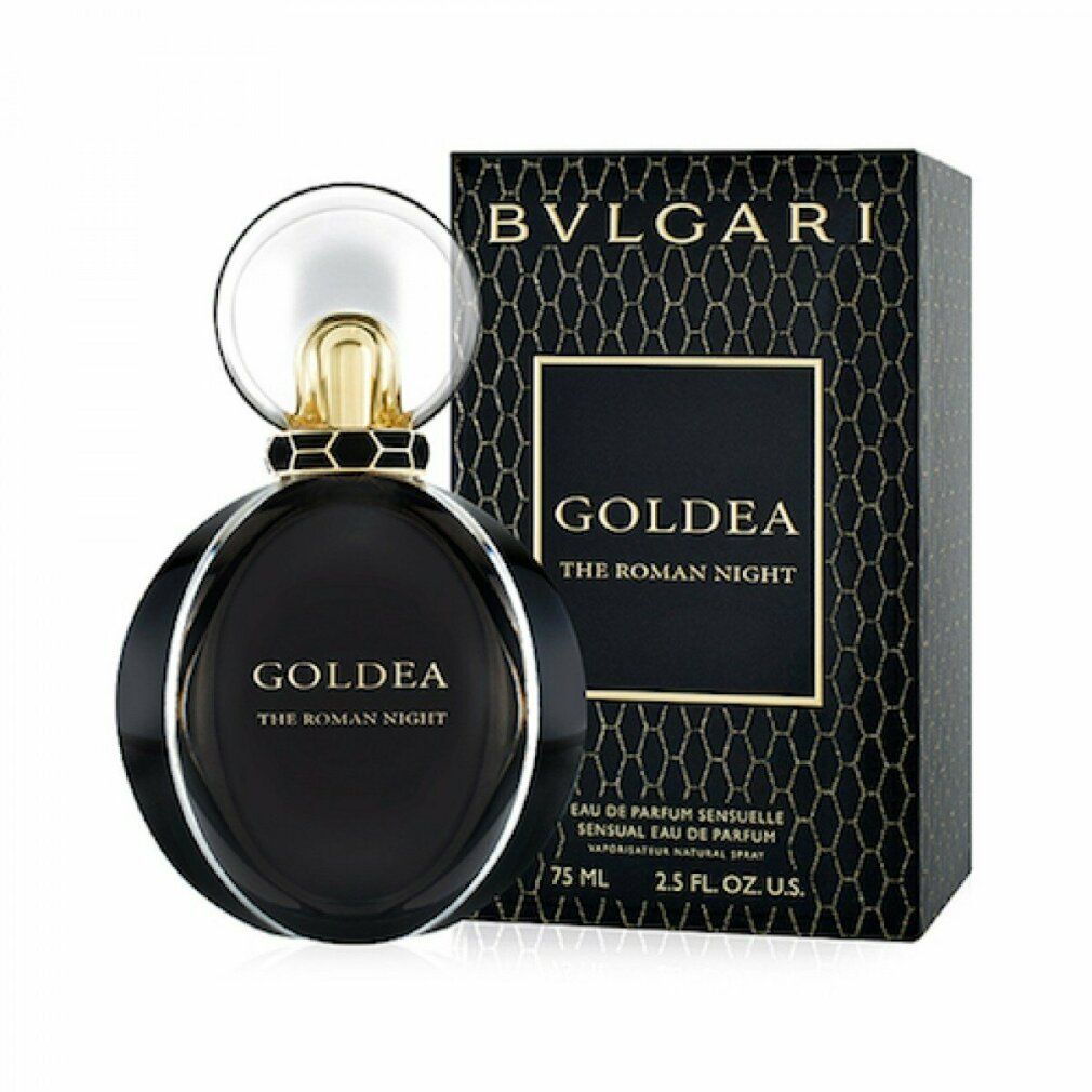 Flacone e confezione neri. Scritta: Goldea The Roman Night. Marchio: Bvlgari. 75 ml.