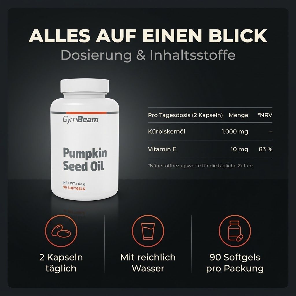 Olio di semi di zucca GymBeam: flacone da 90 softgel, dosaggio e ingredienti.