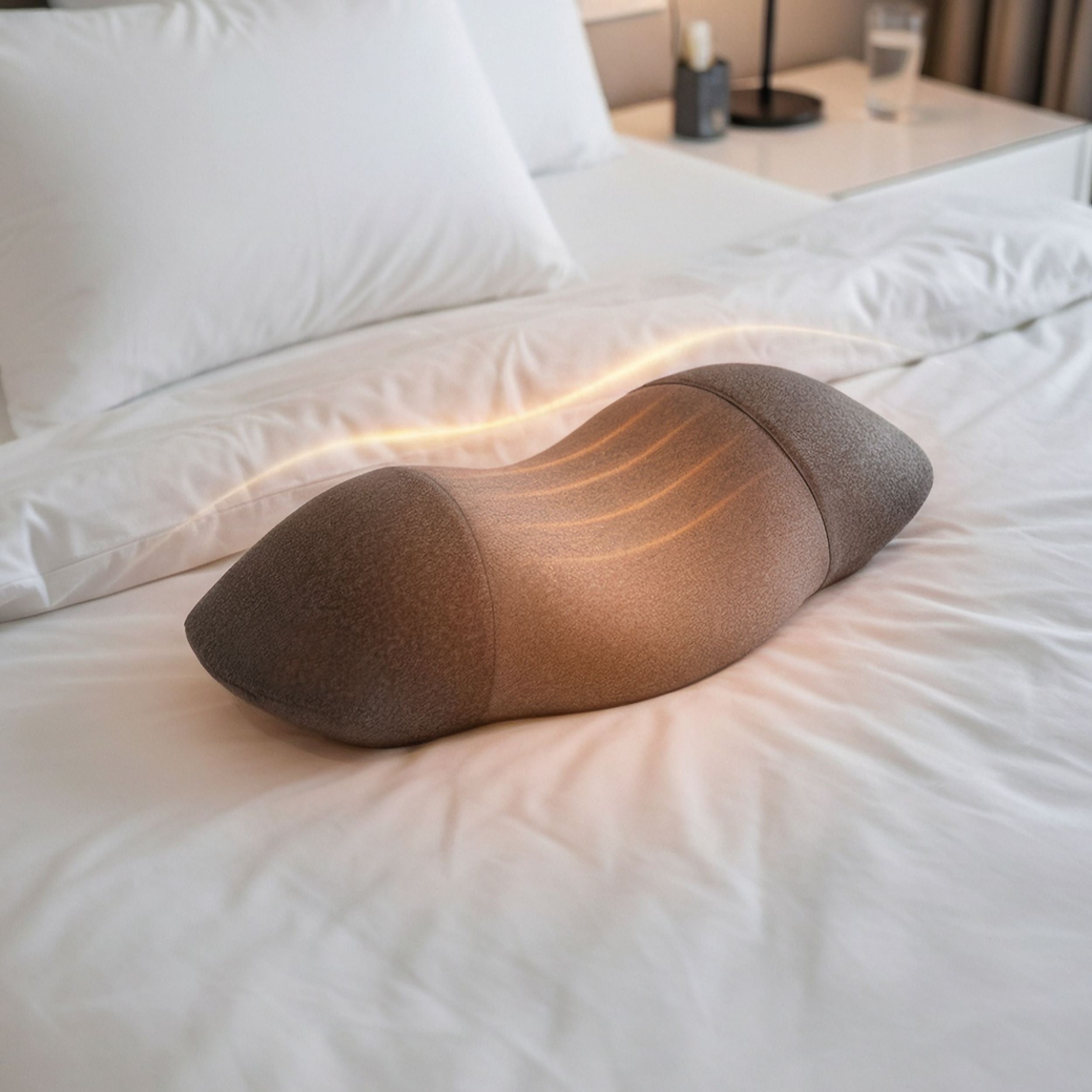 Cuscino cervicale grigio su un letto. Forma ergonomica con due tonalità di grigio.