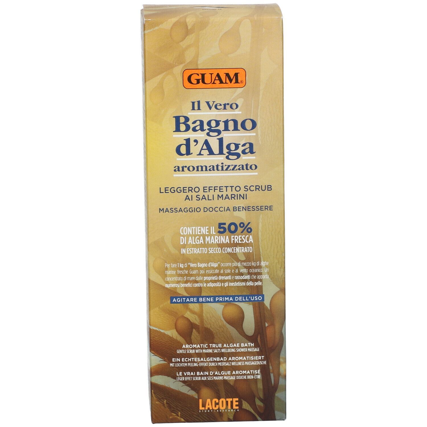 Scatola di GUAM Bagno d'Alga Aromatizzato. Nome e logo visibili. Contiene 50% di alghe marine fresche.