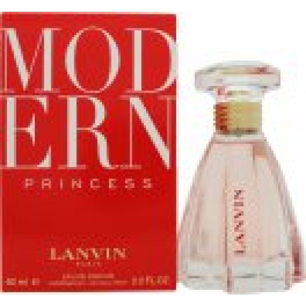 Flacone di profumo e scatola. Flacone con tappo trasparente e liquido rosa. Scatola rossa con scritta bianca: MODERN PRINCESS, LANVIN PARIS.