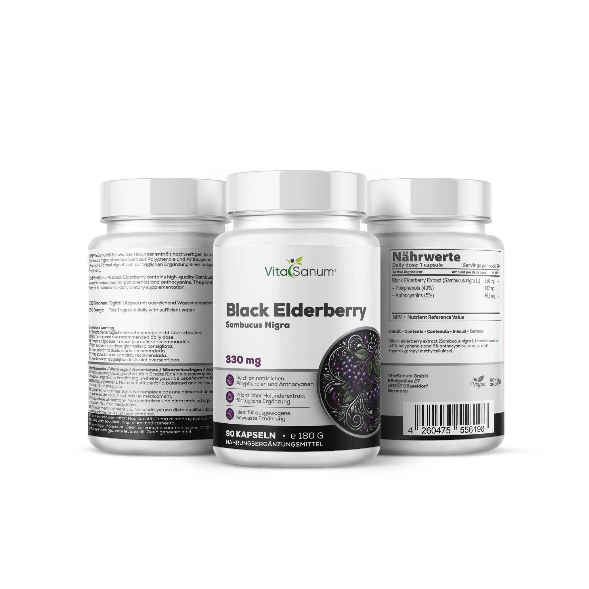 VitaSanum® Capsule di Sambuco Nero, 330 mg, 90 pezzi, con informazioni nutrizionali.