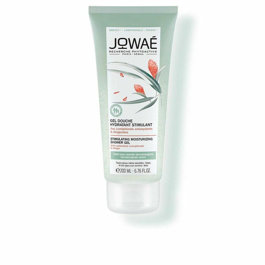 Tubo verde di gel doccia Jowae. Testo: Gel Douche Hydratant Stimulant, Zenzero. 200 ml. Dermatologicamente testato.